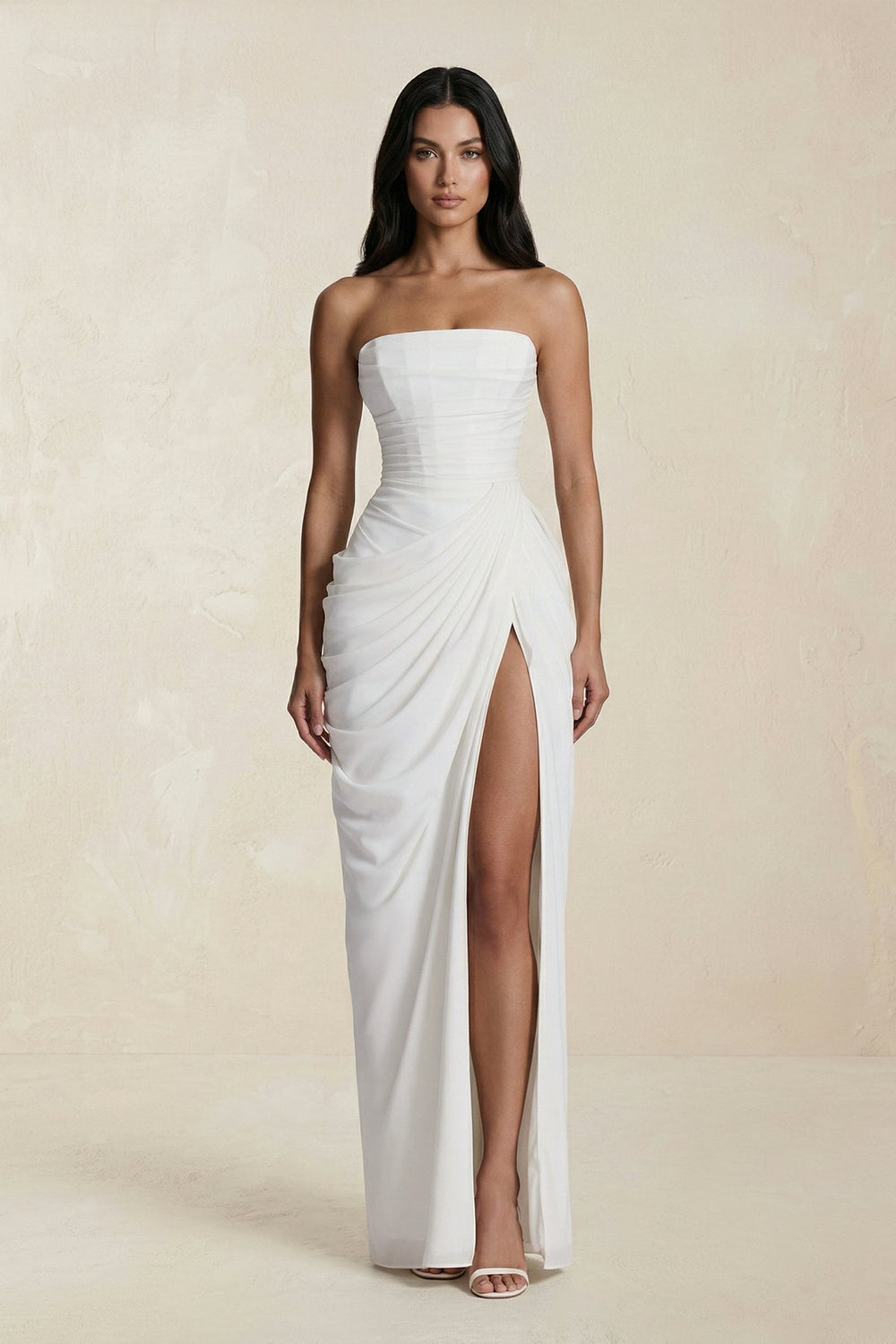Strapless Pleated Sheath Long Prom Dress With Slit in Ivory - KISS BRIDAL Prom Dresses