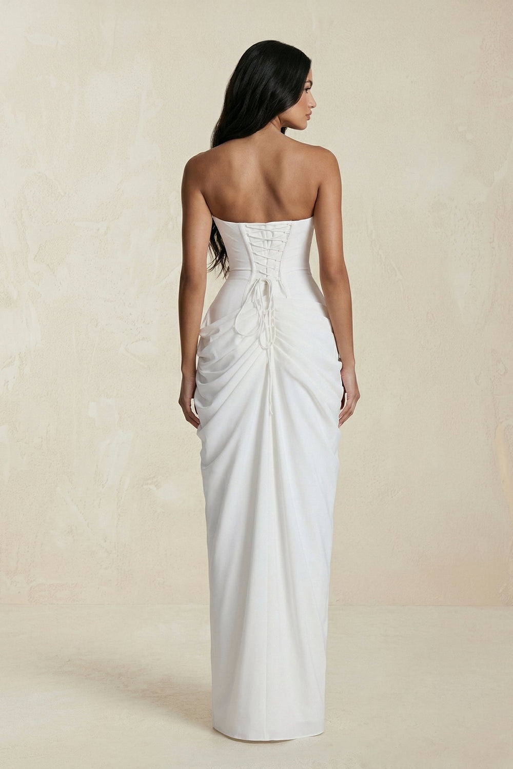 Strapless Pleated Sheath Long Prom Dress With Slit in Ivory - KISS BRIDAL Prom Dresses