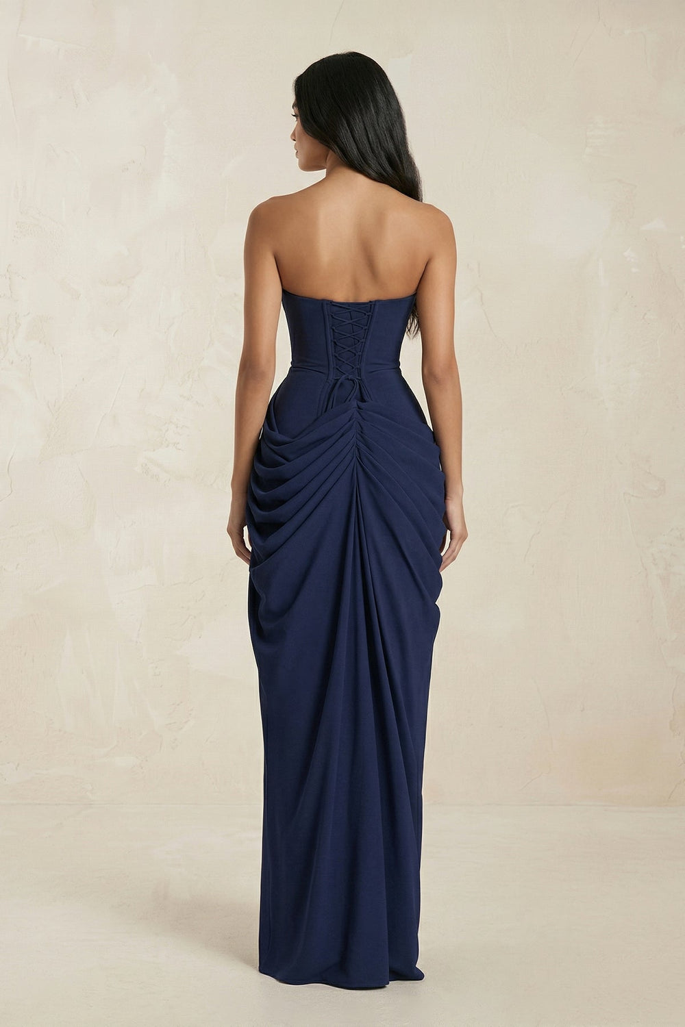 Strapless Pleated Sheath Long Prom Dress With Slit in Navy - KISS BRIDAL Prom Dresses