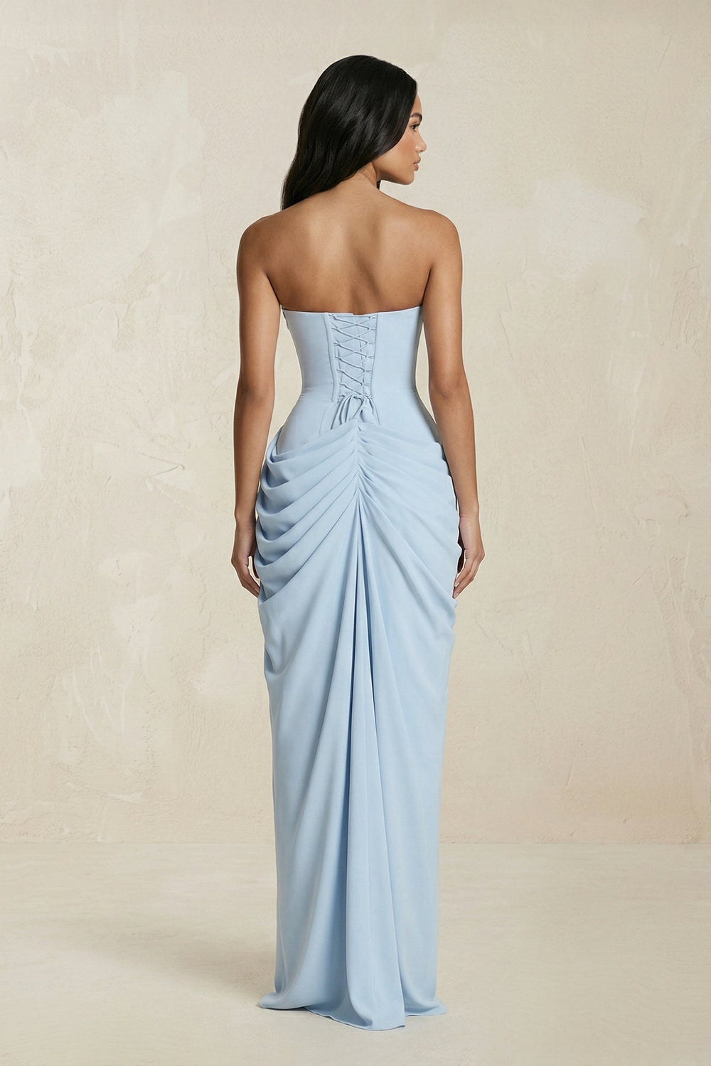 Strapless Pleated Sheath Long Prom Dress With Slit in Sky Blue - KISS BRIDAL Prom Dresses