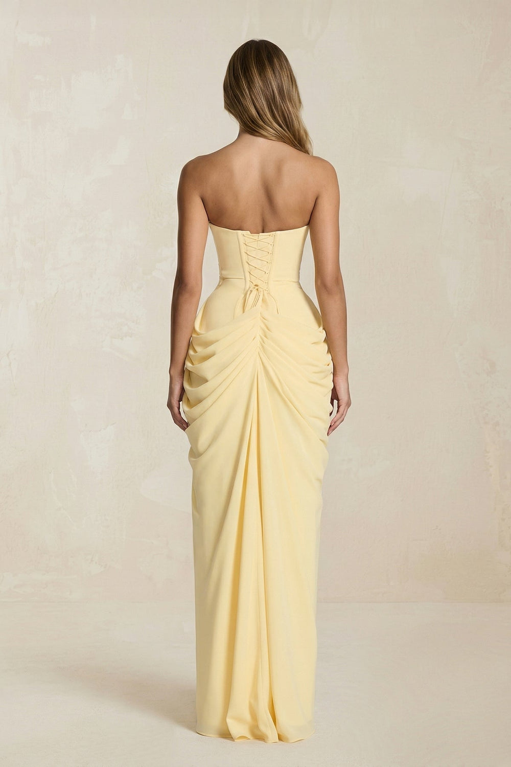 Strapless Pleated Sheath Long Prom Dress With Slit in Yellow - KISS BRIDAL Prom Dresses
