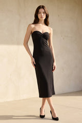 Strapless Pleated Sheath Midi Dress in Black - KISSBRIDAL