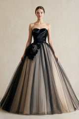 Strapless Ruched A - Line Tulle Wedding Dress With 3D Flower in Black - KISS BRIDAL Wedding Dresses
