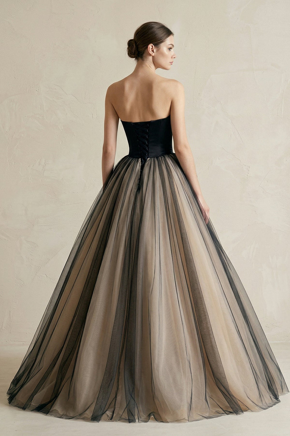 Strapless Ruched A - Line Tulle Wedding Dress With 3D Flower in Black - KISS BRIDAL Wedding Dresses