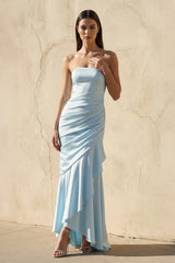 Strapless Ruched Asymmetric Gown in Sky Blue - KISS BRIDAL
