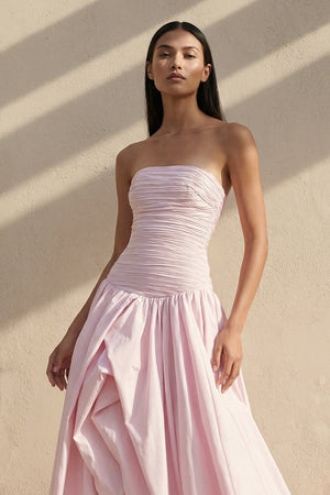 Strapless Ruched Bubble Hem Gown in Pink - SHE IS ME