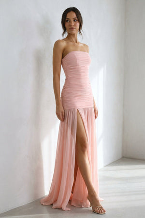 Strapless Ruched Gown With Slit in Blush Pink - SHE IS ME