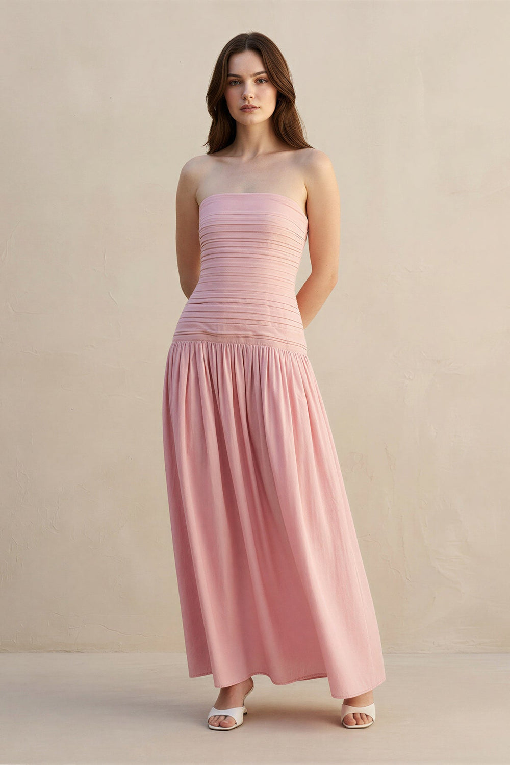 Strapless Ruched Maxi Dress in Blush - SHE IS ME