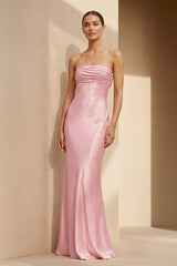 Strapless Ruched Maxi Dress in Pink - KISS BRIDAL PROM DRESSES
