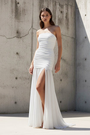 Strapless Ruched Maxi Dress in White - SHE IS ME