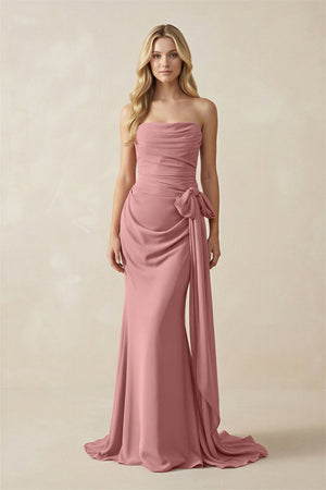 Strapless Ruched Maxi Dress With Bow in Mulberry - SHE IS ME PROM DRESSES