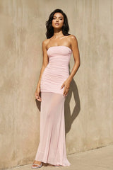 Strapless Ruched Mesh Maxi Dress in Pink - KISS BRIDAL