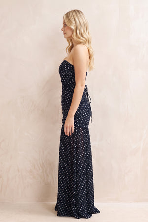 Strapless Ruched Polka Dot Maxi Dress in Navy - KISS BRIDAL