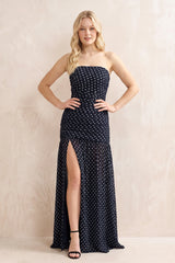 Strapless Ruched Polka Dot Maxi Dress in Navy - KISS BRIDAL