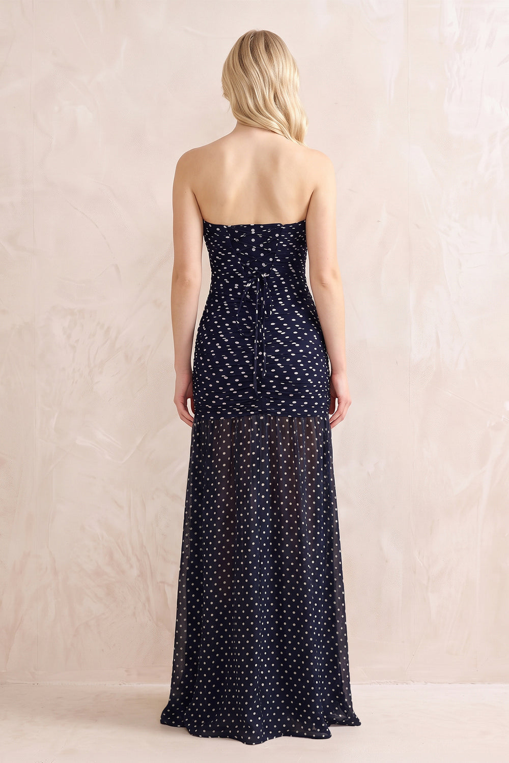 Strapless Ruched Polka Dot Wedding Guest Dress in Navy