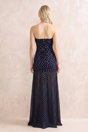Strapless Ruched Polka Dot Maxi Dress in Navy - KISS BRIDAL