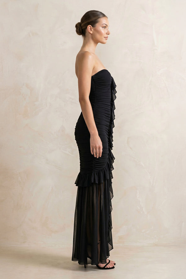 Strapless Ruched Ruffle High-Low Maxi Dress in Black