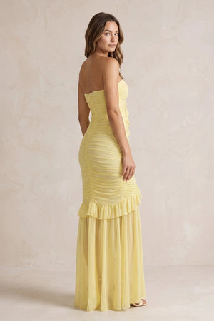 Strapless Ruched Ruffle High - Low Maxi Dress in Yellow - SHE IS ME PROM DRESSES
