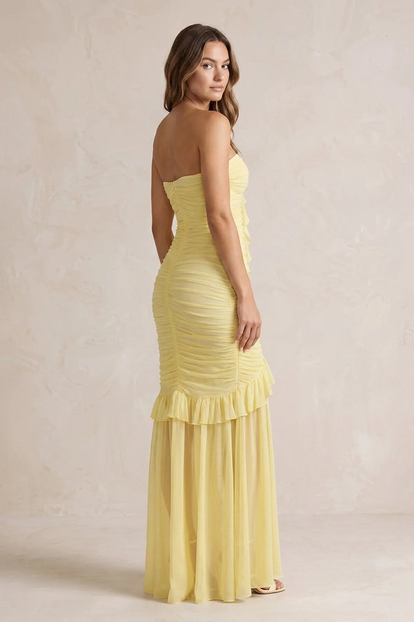 Strapless Ruched Ruffle High - Low Maxi Dress in Yellow - SHE IS ME PROM DRESSES