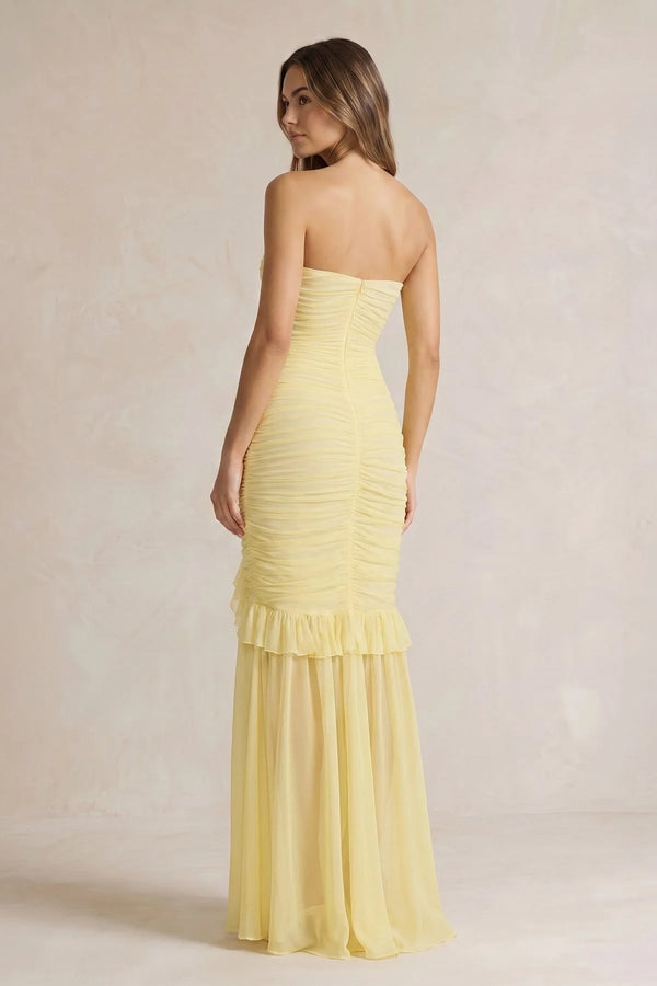 Strapless Ruched Ruffle High - Low Maxi Dress in Yellow - SHE IS ME PROM DRESSES