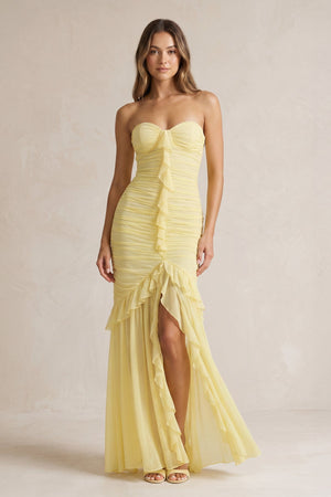 Strapless Ruched Ruffle High - Low Maxi Dress in Yellow - SHE IS ME PROM DRESSES