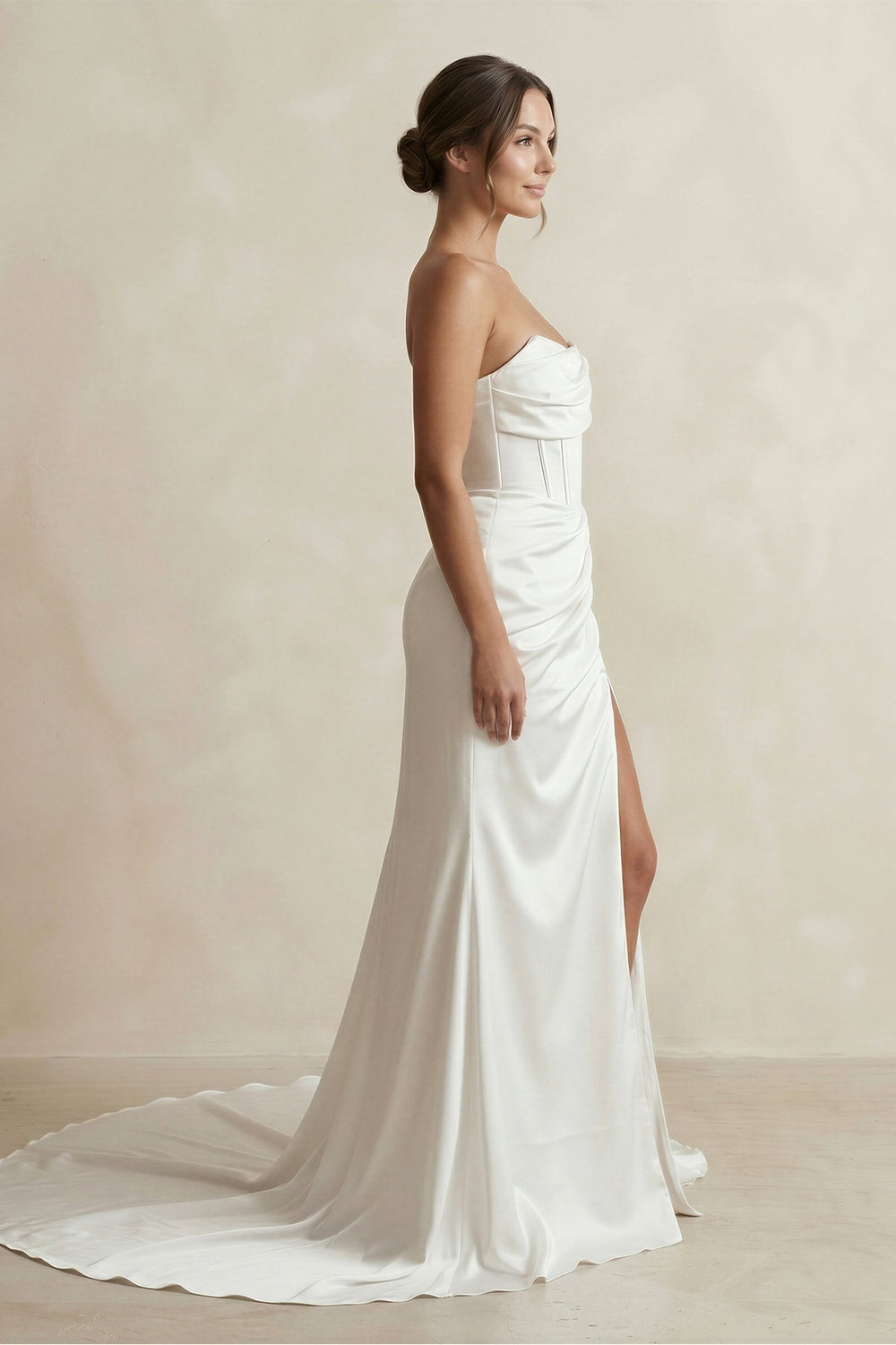 Strapless Ruched Satin Mermaid Wedding Dress with Corset in White - KISS BRIDAL Wedding Dresses
