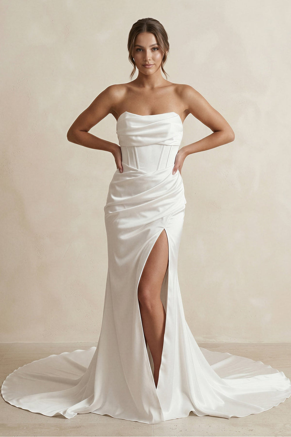 Strapless Ruched Satin Mermaid Wedding Dress with Corset in White - KISS BRIDAL Wedding Dresses