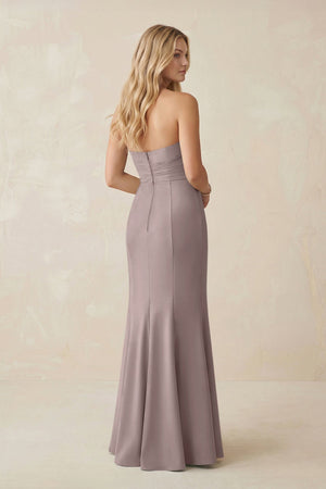 Strapless Ruched Sheath Satin Bridesmaid Dress With Slit in Almond - KISS BRIDAL Bridesmaid Dresses
