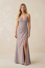 Strapless Ruched Sheath Satin Bridesmaid Dress With Slit in Almond - KISS BRIDAL Bridesmaid Dresses