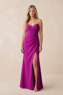Strapless Ruched Sheath Satin Bridesmaid Dress With Slit in Amethyst - KISS BRIDAL Bridesmaid Dresses
