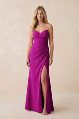 Strapless Ruched Sheath Satin Bridesmaid Dress With Slit in Amethyst - KISS BRIDAL Bridesmaid Dresses