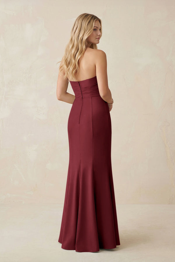 Strapless Ruched Sheath Satin Bridesmaid Dress With Slit in Berry - KISS BRIDAL Bridesmaid Dresses