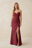 Strapless Ruched Sheath Satin Bridesmaid Dress With Slit in Berry - KISS BRIDAL Bridesmaid Dresses