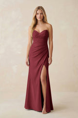 Strapless Ruched Sheath Satin Bridesmaid Dress With Slit in Berry - KISS BRIDAL Bridesmaid Dresses