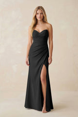 Strapless Ruched Sheath Satin Bridesmaid Dress With Slit in Black - KISS BRIDAL Bridesmaid Dresses