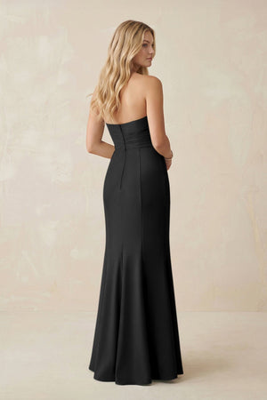 Strapless Ruched Sheath Satin Bridesmaid Dress With Slit in Black - KISS BRIDAL Bridesmaid Dresses