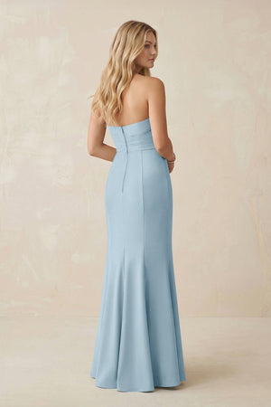 Strapless Ruched Sheath Satin Bridesmaid Dress With Slit in Bleached Aqua - KISS BRIDAL Bridesmaid Dresses