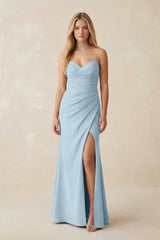 Strapless Ruched Sheath Satin Bridesmaid Dress With Slit in Bleached Aqua - KISS BRIDAL Bridesmaid Dresses