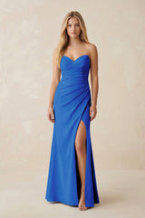 Strapless Ruched Sheath Satin Bridesmaid Dress With Slit in Blue Jay - KISS BRIDAL Bridesmaid Dresses