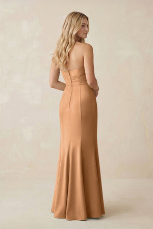Strapless Ruched Sheath Satin Bridesmaid Dress With Slit in Bronzer - KISS BRIDAL Bridesmaid Dresses