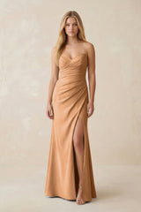 Strapless Ruched Sheath Satin Bridesmaid Dress With Slit in Bronzer - KISS BRIDAL Bridesmaid Dresses