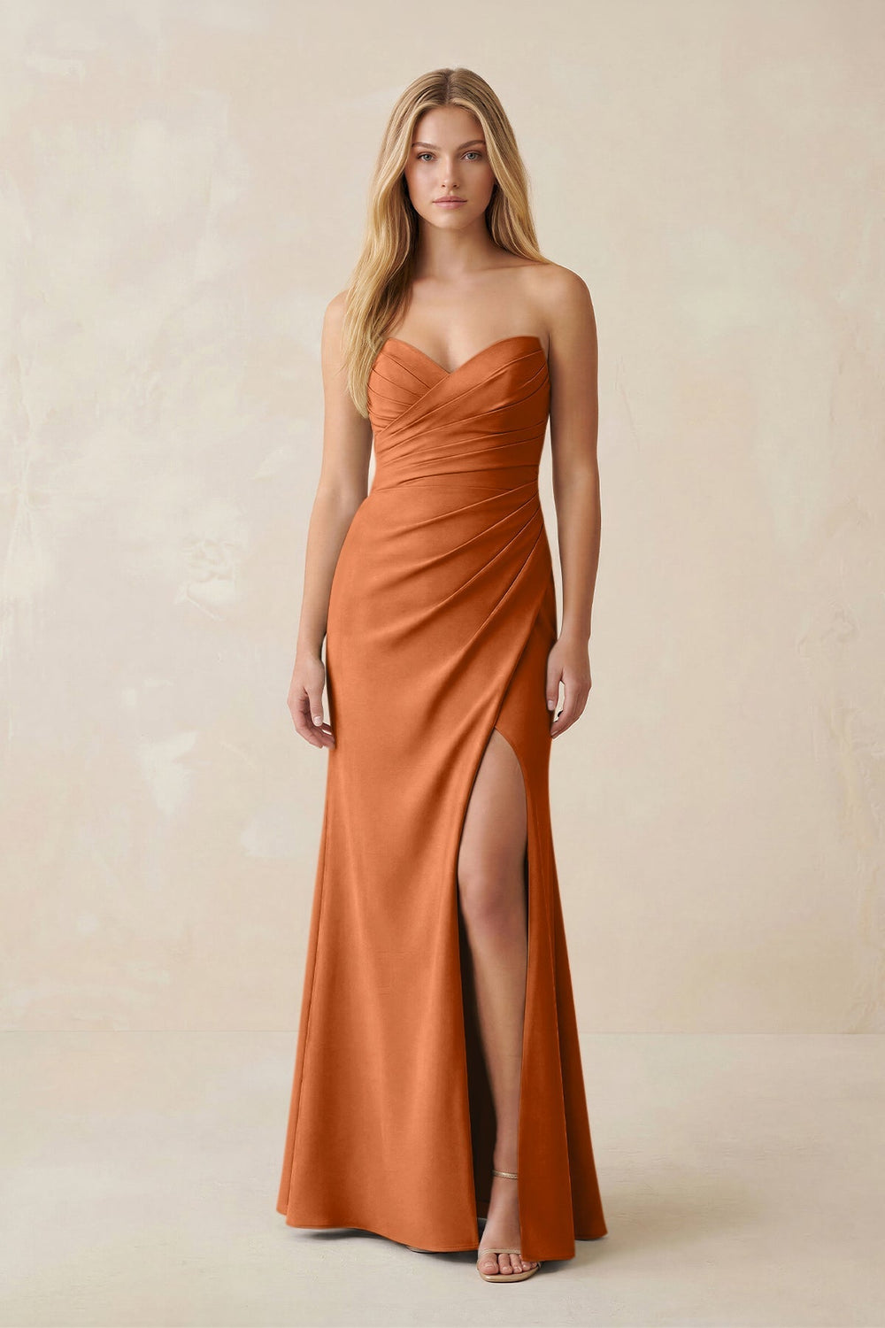 Strapless Ruched Sheath Satin Bridesmaid Dress With Slit in Brown - KISS BRIDAL Bridesmaid Dresses