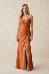 Strapless Ruched Sheath Satin Bridesmaid Dress With Slit in Brown - KISS BRIDAL Bridesmaid Dresses
