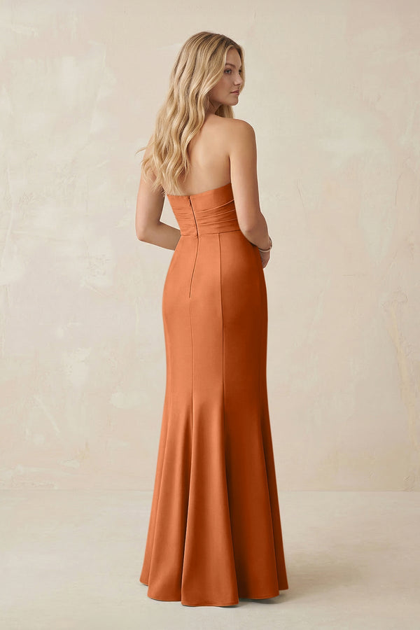 Strapless Ruched Sheath Satin Bridesmaid Dress With Slit in Brown - KISS BRIDAL Bridesmaid Dresses
