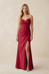 Strapless Ruched Sheath Satin Bridesmaid Dress With Slit in Burgundy - KISS BRIDAL Bridesmaid Dresses