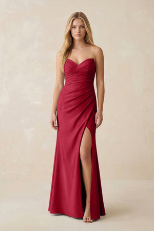 Strapless Ruched Sheath Satin Bridesmaid Dress With Slit in Burgundy - KISS BRIDAL Bridesmaid Dresses