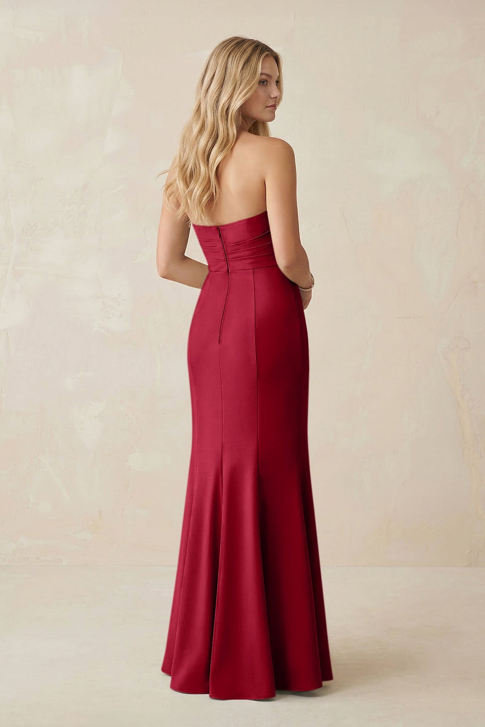 Strapless Ruched Sheath Satin Bridesmaid Dress With Slit in Burgundy - KISS BRIDAL Bridesmaid Dresses