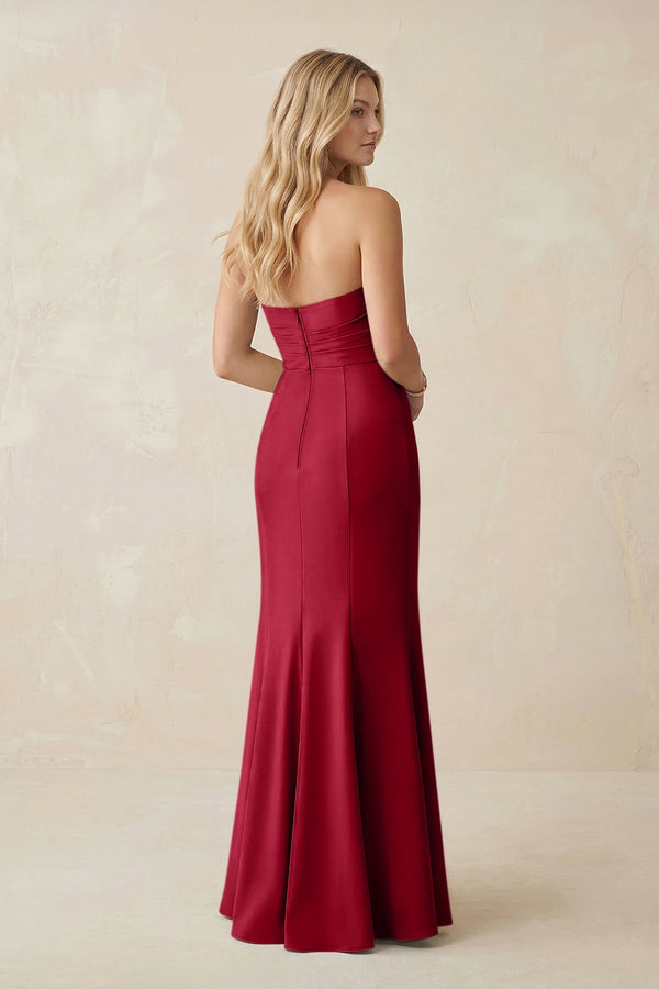 Strapless Ruched Sheath Satin Bridesmaid Dress With Slit in Burgundy - KISS BRIDAL Bridesmaid Dresses
