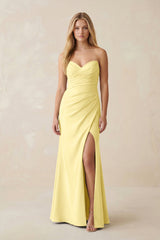 Strapless Ruched Sheath Satin Bridesmaid Dress With Slit in Buttercup - KISS BRIDAL Bridesmaid Dresses