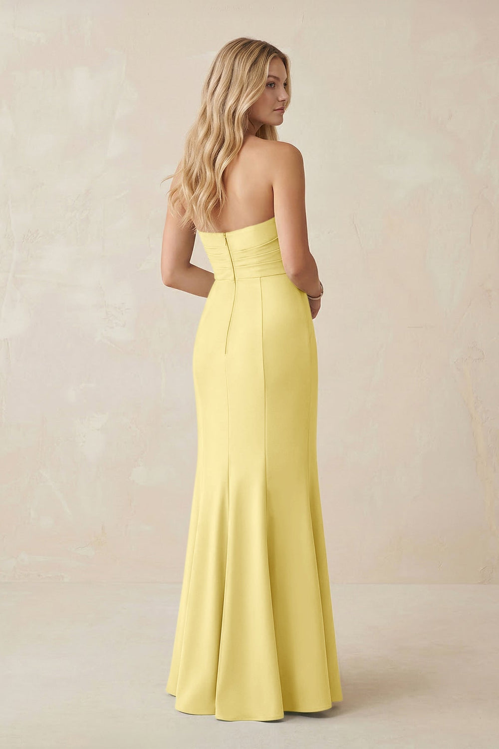 Strapless Ruched Sheath Satin Bridesmaid Dress With Slit in Buttercup - KISS BRIDAL Bridesmaid Dresses